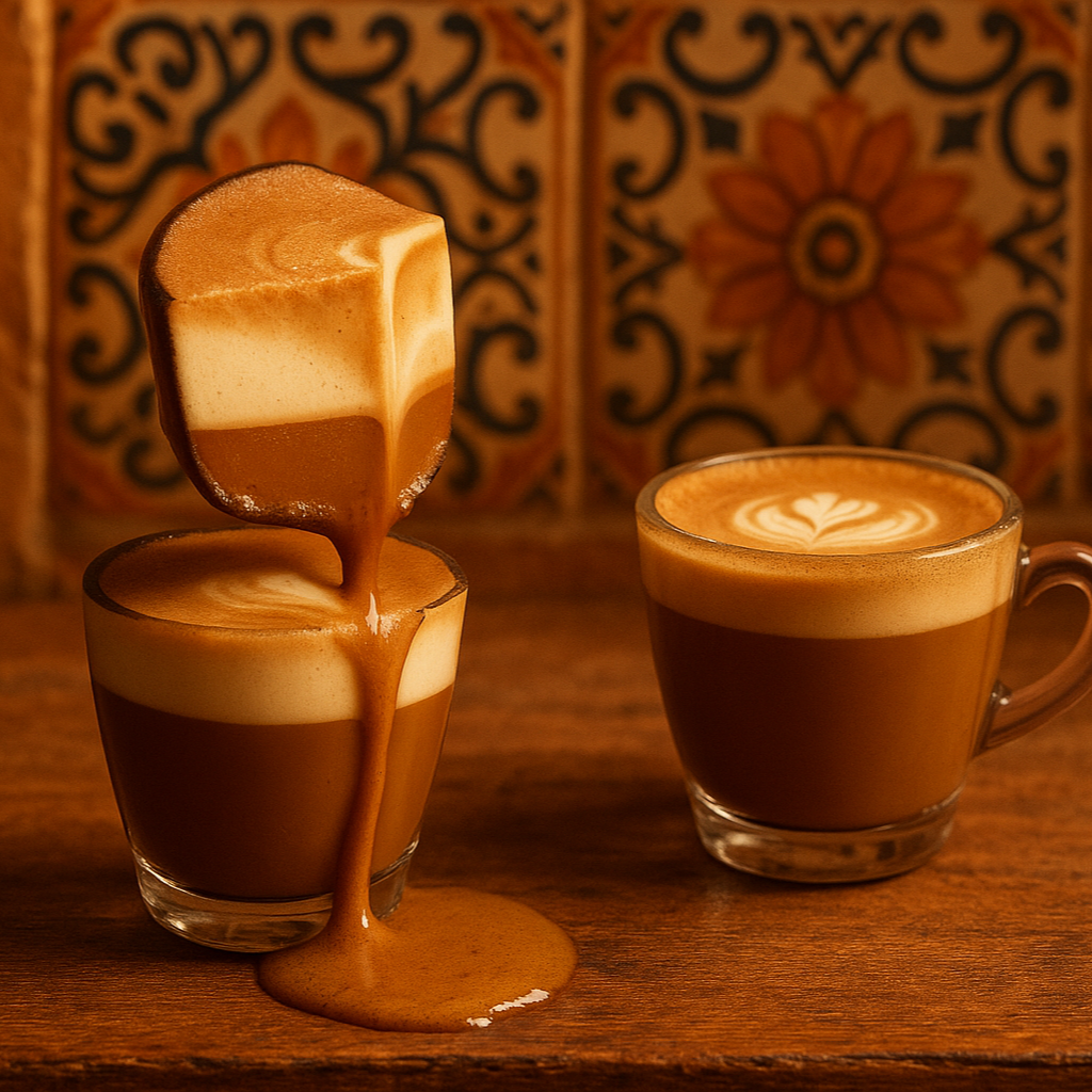 Lav et billede af to små cortados, baggruden skal være spansk inspireret og evt noget der er skåret over. Det kan evt. være at kaffen er skåret over på midten og væsken løber langsomt ud